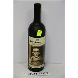 FOUR 750ML BOTTLES OF 19 CRIMES SHIRAZ 14.5%