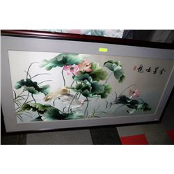 LARGE WOOD FRAMED SILK FLOWER PICTURE