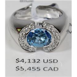 14KT GOLD BLUE TOPAZ, DIAMOND RING