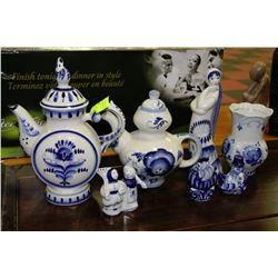 BLUE&WHITE RUSSIAN TEAPOT SET & FIGURINES