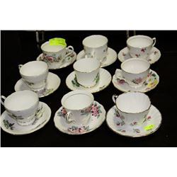 ESTATE SET OF 9 ENGLISH FLORAL CUP AND SAUCERS