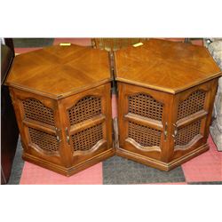 PAIR OF ESTATE WOOD AND WICKER 2-DOOR END TABLES