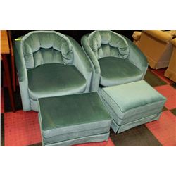 PAIR OF GREEN FABRIC CHAIRS WITH OTTOMANS