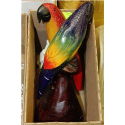 BOX OF CARVED PARROTS + SAND SCULPTURE