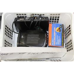 BIN WITH SONY BLURAY WITH REMOTE, PORTABLE HEATER,