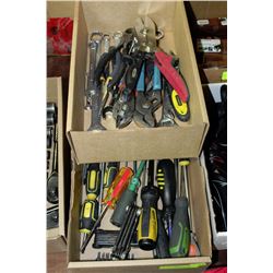 BOX OF SCREWDRIVERS, MISC WRENCHES AND PLIERS