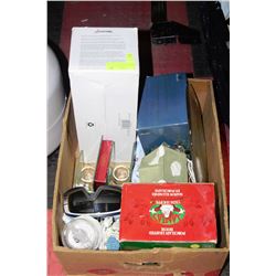 BOX OF CHRISTMAS DECORATIONS, PLATES, CANDLES ETC.