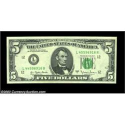 Fr. 1975-L $5 1977A Federal Reserve Note, Gem Crisp Uncirculated. Mismatched (by one digit) serial n