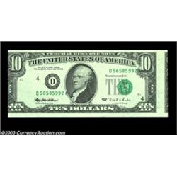 Fr. 2032-D $10 1995 Federal Reserve Note. Gem Crisp Uncirculated.Third print is shifted dramatically