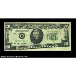 Fr. 2059-D $20 1950 Federal Reserve Note, Extremely Fine. A great foldover error on the third printi