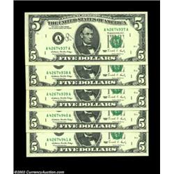 Fr. 1979-A $5 1988 Federal Reserve Notes, Gem Crisp Uncirculated. Five consecutive notes, each with.
