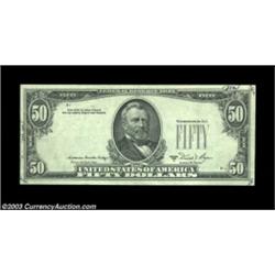 Fr. 2121-D $50 1981A Federal Reserve Note, About Uncirculated. Third printing on the reverse, a scar