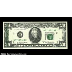 Fr. 2072-B $20 1977 Federal Reserve Note. Choice About Uncirculated.A small back-to-front offset is.