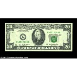 Fr. 2072-K $20 1977 Federal Reserve Note, Gem Crisp Uncirculated. A dark offset covers the left two.