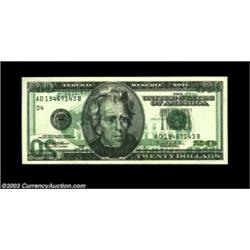 Fr. 2083-D $20 1996 Federal Reserve Note, Extremely Fine-About Uncirculated. A sharp 80 percent back