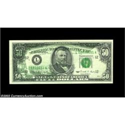 Fr. 2125-L $50 1990 Federal Reserve Note, Extremely Fine-About Uncirculated. A bold offset impressio