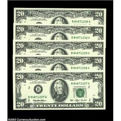 Fr. 2080-B $20 1993 Federal Reserve Notes, Gem Crisp Uncirculated. Five pieces showing the progressi