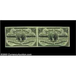 Fr. 1226 3c Third Issue Horizontal Pair. The pair itself grades About New due to a vertical fold bet