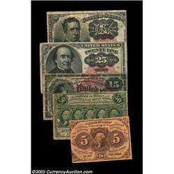 Five Fractional Types. Fr. 1230 EF, Fr. 1265 VF, Fr. 1269 Fine with a tear, Fr. 1308 EF, and the sca