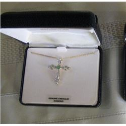 18k. Over Sterling Silver Emerald Diamond Cross