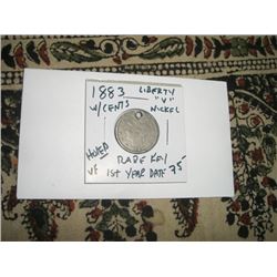 1883 WITH CENTS *RARE 1ST YEAR KEY DATE* HOLED LIBERTY "V" NICKEL RED BOOK VALUE $75.00+ *NICE EARLY