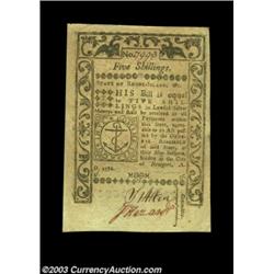 Rhode Island May 1786 5s Choice About New. Nicely margined, well signed and with all its original em