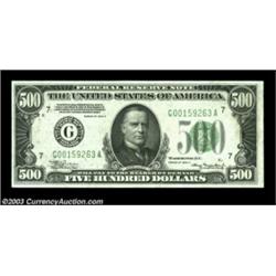 Fr. 2202-G $500 1934A Federal Reserve Note. Choice About Uncirculated.The barest trace of a center f