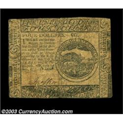 Continental Currency May 10, 1775 $4 Fine. A moderate stain affects the back only on this clearly pr
