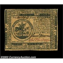 Continental Currency May 10, 1775 $5 Extremely Fine. Bold signatures and unusually broad margins mak