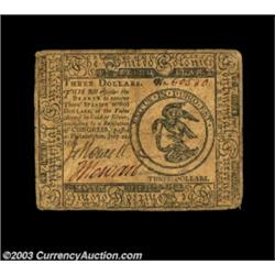 Continental Currency July 22, 1776 $3 Choice Very Fine. A well-printed and well-signed Continental..