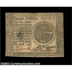 Continental Currency September 26, 1778 $20 Fine. The appearance of a full Very Fine from the face,.