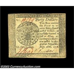 Continental Currency September 26, 1778 $40 Very Choice New. Gem in every respect but for the margin