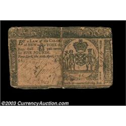 New York April 20, 1756 L5. The center split is repaired from the back, and the note has museum numb