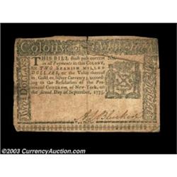 New York September 2, 1775 $2 Very Fine Damaged. This very well margined New York note has two tears