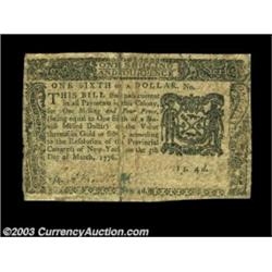 New York March 5, 1776 $1/6 Fine. A solid problem-free example, well printed on both sides. Importan
