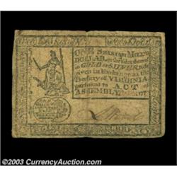Virginia October 20, 1777 $1 Fine. A nice evenly circulated, broadly margined example from a more ch