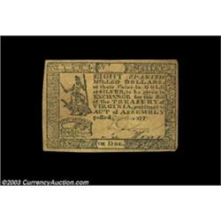 Virginia October 20, 1777 $8 Choice About New. Excellent margins, strong signatures and no problems.