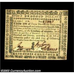 Virginia October 16, 1780 $400 Extremely Fine, Damaged. This tissue-thin note has been backed with r