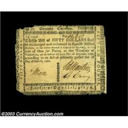 Virginia March 1, 1781 $50 Extremely Fine, Damaged. This is the scarcer thick-paper variety. It's mi