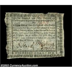Virginia March 1, 1781 $150 Extremely Fine. There is a single small edge repair, but this tissue-thi