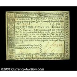Virginia May 7, 1781 $1200 About New. From the face, this lovely note gives the impression of a Choi