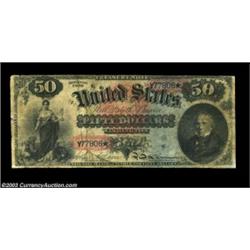 Fr. 151 1869 $50 Legal Tender Fine. The lower right corner tip has been restored on this rather pret