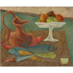 Laurent Marcel Salinas, Still Life with Fish and Knife, Oil Painting