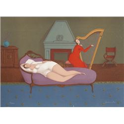 Branko Bahunek, Lounging with Harp, Lithograph