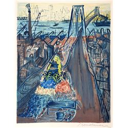 Ludwig Bemelmans, Horse and Cart on the Brooklyn Bridge, Lithograph