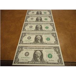 5-2001 $1 FRN'S STAR NOTES CRISP UNC CONSECUTIVE SERIAL 'S A04533001STAR - A04533005STAR