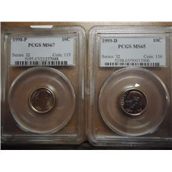 2 PCGS SLAB DIMES SEE DESCRIPTION 1998-P MS67 AND 1999-D MS65