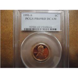 1991-S LINCOLN CENT PCGS PR69RD DCAM