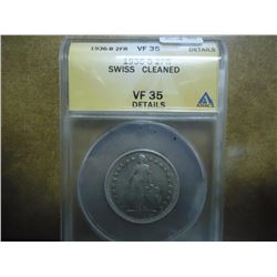 1936-B SWISS SILVER 2 FRANC ANACS VF 35 DETAILS