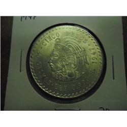 1947 MEXICO SILVER 5 PESOS UNC .8680 OZ. ASW